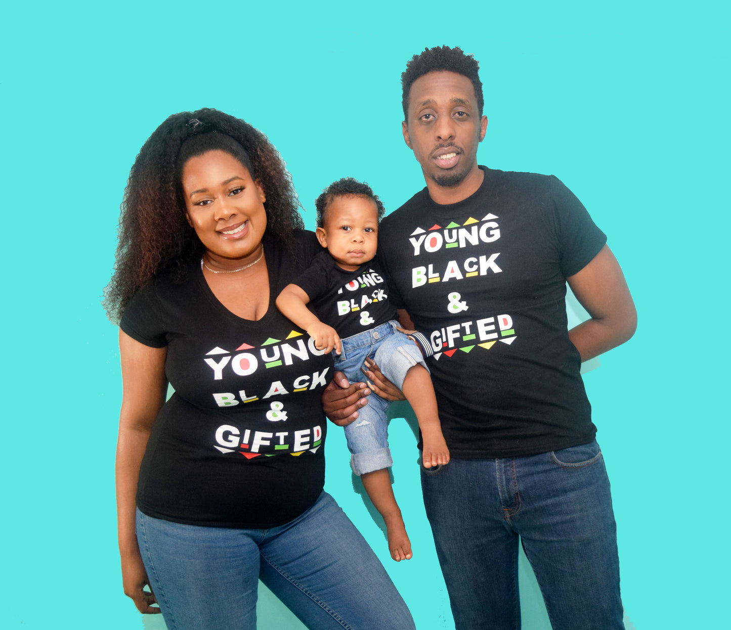 Young Black & Gifted 3pc Set includes women v-neck shirt, mens crew neck t-shirt, and baby onesie