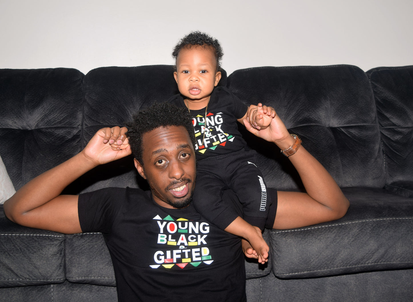 Matching "Young Black & Gifted" t-shirts for father and son or mother and daughter to match, available in black & white