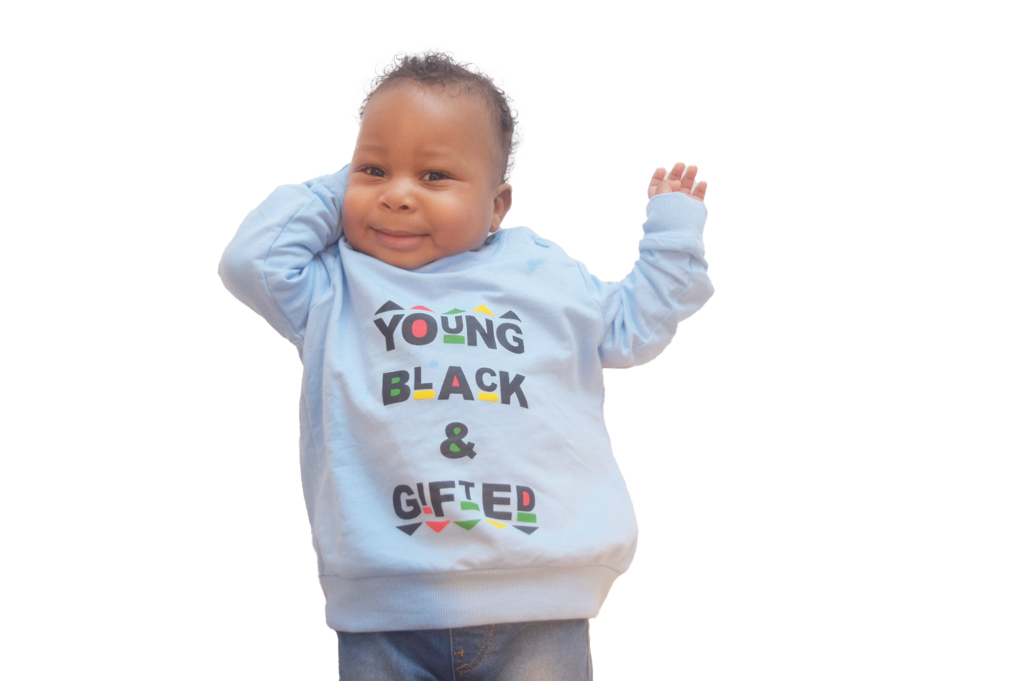 Blue young black and gifted crew neck sweater with in living color design on the front